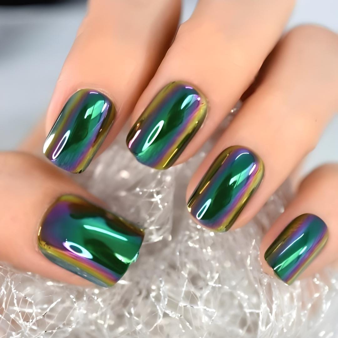 Glue On Press On Nails - Short Rounded Square - Green Chrome/Holographic