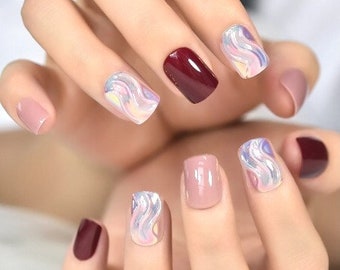 Glue On Press On Nails - Short Rounded Square - Dark Red, Mauve and Holographic Swirl