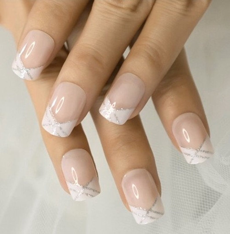 Glue On Press On Nails Short-Medium Rounded Square French Sheer Nude with White and Glitter Tips image 5