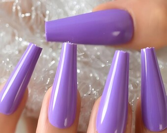 Shiny Deep Purple Long Coffin Press-On Nails – Acrylic Full Cover With Glue – Unbranded