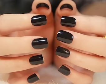 Glue On Press On Nails - Short Rounded Square - Black