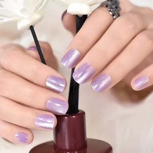 Glue On Press On Nails - Petite Short Rounded Square - Light Purple Shimmer Holographic