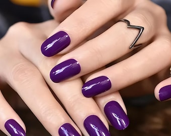 Glue On Press On Nails - Short Medium Oval - Bright Purple