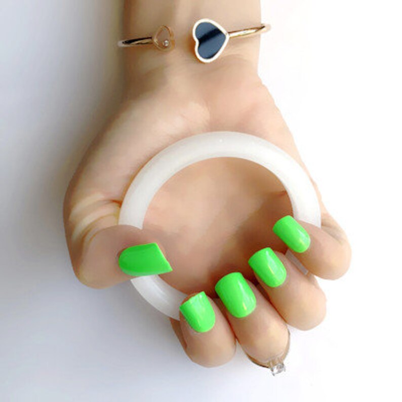 Glue On Press On Nails Short Rounded Square Bright Green image 1