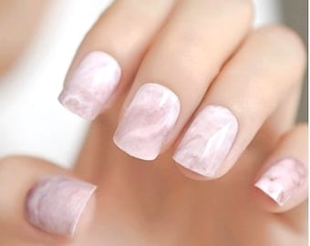 Glue On Press On Nails - Short Rounded Square - Pink Marble