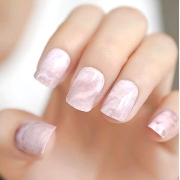 Glue On Press On Nails - Short Rounded Square - Pink Marble