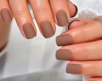 Glue On Press On Nails - Short Rounded Square - Light Brown Matte