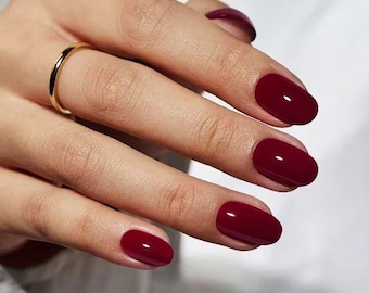 Glue On Press On Nails - Medium Oval - Maroon Red