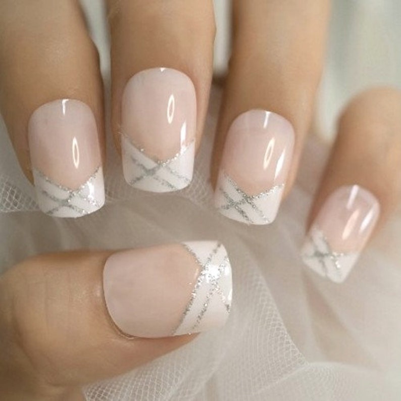 Glue On Press On Nails Short-Medium Rounded Square French Sheer Nude with White and Glitter Tips image 1