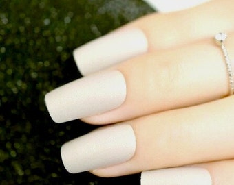 Glue On Press On Nails - Medium-Long Square - Off White/Light  Beige Matte