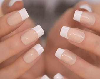 Glue On Press On Nails - Medium-Long Square - French Sheer Nude and White