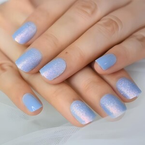 Glue On Press On Nails - Short Rounded Square - Ice Blue Solid and Glitter
