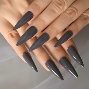 Glue On Press On Nails - Extra-Long Stiletto - Dark Gray