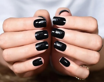 Glue On Press On Nails - Petite Short-Medium Rounded Square - Black