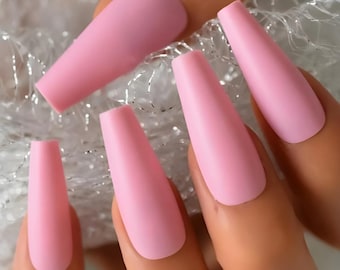 Glue On Press On Nails - Extra Long Coffin -  Medium Pink Matte