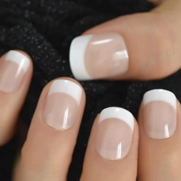 Glue On Press On Nails - Short Rounded Square - French Sheer Beige and White