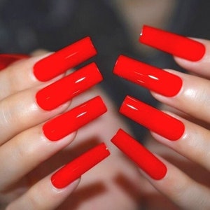 Glue On Press On Nails - Extra Long Square - Red