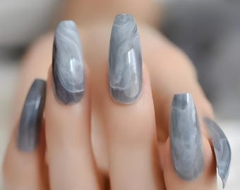 Glue On Press On Nails - Extra-Long Ballerina/Coffin - Gray Marble