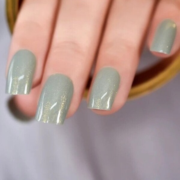 Glue On Press On Nails - Medium-Long Square - Light Gray with Gold Sparkle