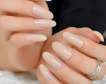 Glue On Press On Nails - Long Rounded Almond - Sheer Beige
