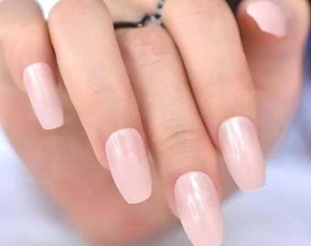 Glue On Press On Nails - Medium Long Ballerina - Light Pink Sparkle