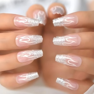Glue On Press On Nails - Long Ballerina/Coffin - Sheer Pink with Silver Glitter French Tips