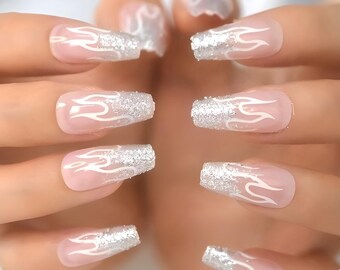 Long Coffin Press On Nails: Sheer Pink, Silver Glitter French Tips
