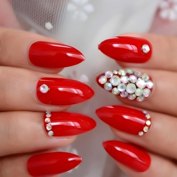 Glue on Press on Nails - Medium Almond Red With Rhinestones - Etsy Glue on Press on Nails - Medium Almond Red With Rhinestones - Etsy