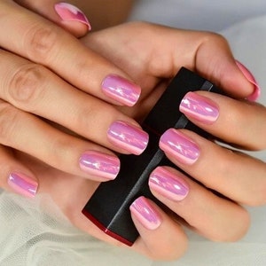 Glue On Press On Nails Short-Medium Rounded Square Pink Chrome/Holographic image 4