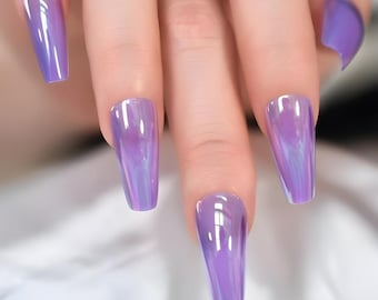 Glue On Press On Nails - Long Ballerina/Coffin - Purple Chrome