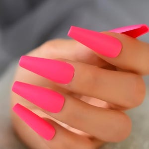 Glue On Press On Nails - Extra Long Coffin - Bright Hot Pink Matte