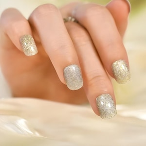 Glue On Press On Nails - Petite Short Rounded Square - Champagne Gold Sparkle