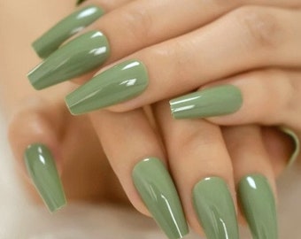 Glue On Press On Nails - Long Ballerina/Coffin - Olive Green