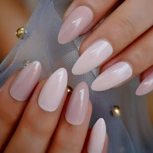 Glue On Press On Nails - Medium-Long Almond - Pale Pink and Pale Mauve Shimmer