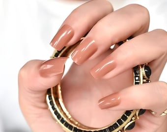 Glue On Press On Nails - Medium-Long Square - Light Chestnut Brown