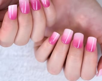 Glue On Press On Nails - Petite Short Rounded Square - Bright Pink Ombre Fade