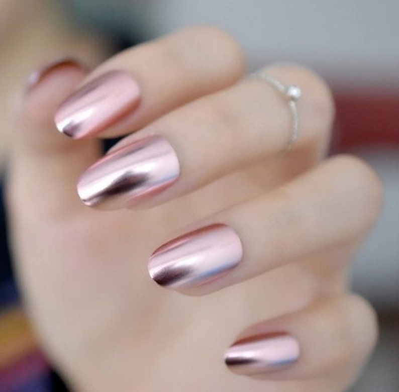 Glue on Press on Nails Medium-long Oval Light Pink Chrome - Etsy