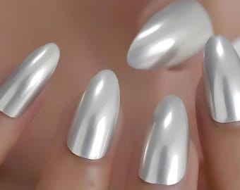 Glue On Press On Nails - Medium-Long Almond - Silver Matte Metallic