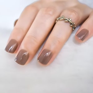 Glue On Press On Nails - Short Rounded Square - Tan Brown