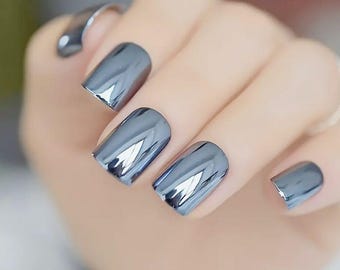 Glue On Press On Nails - Short-Medium Rounded Square - Light Blue Chrome