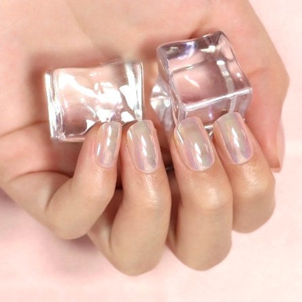 Glue On Press On Nails - Petite Short Rounded Square - Sheer Pink Holographic