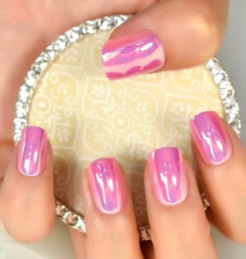 Glue On Press On Nails Short-Medium Rounded Square Pink Chrome/Holographic image 2