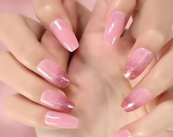 Glue On Press On Nails - Medium-Long Ballerina - Pink Solid and Glitter Tips