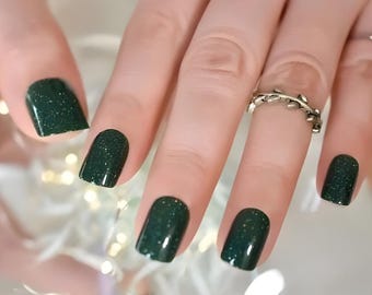 Glue On Press On Nails - Short-Medium Rounded Square - Dark Green Sparkle