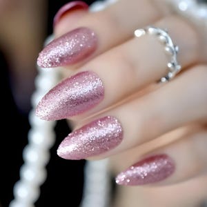 Glue On Press On Nails - Medium Almond - Medium Pink Glitter