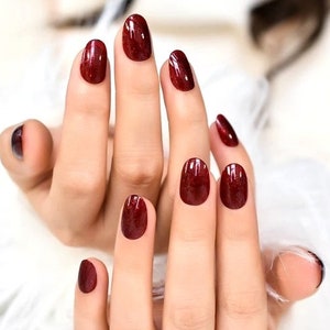 Glue On Press On Nails - Short-Medium Oval - Deep Red Sparkle