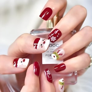 Glue On Press On Nails - Short Square - Holiday Santa Multicolor Red and White