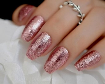 Glue On Press On Nails - Medium Ballerina/Coffin - Medium Pink Glitter