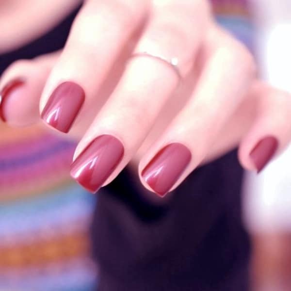 Glue On Press On Nails - Short-Medium Rounded Square - Deep Red Metallic