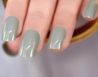 Glue On Press On Nails - Medium-Long Square - Light Gray with Gold Sparkle